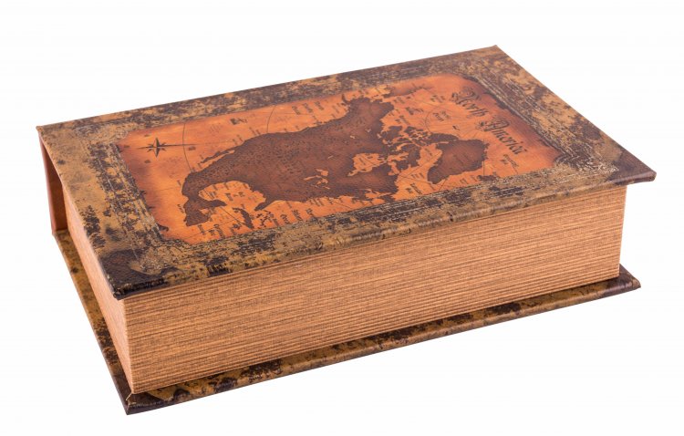 Buchbox "Landkarte" im Vintage-Stil, 27 cm breit, Leder-Look - zum Schließen ins Bild klicken